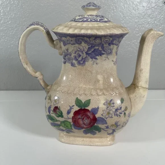 VTG Copeland SPODE Mayflower Coffee or Tea Pot Lavender British Flowers Damaged - Picture 2 of 10